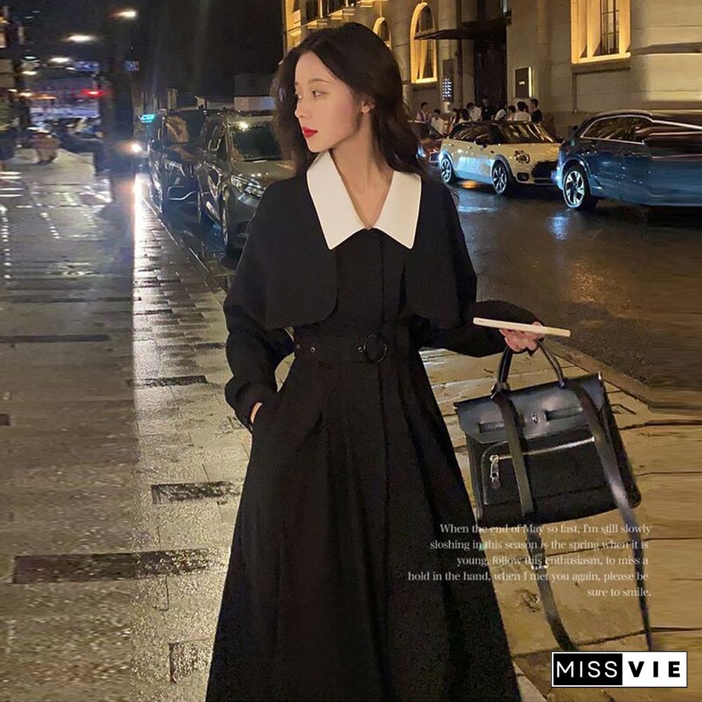 Spring Autumn Elegant Black Dress Women Loose Casual Midi Dress Korean Fashion Lady Trench Dress Street Wear Clothes New