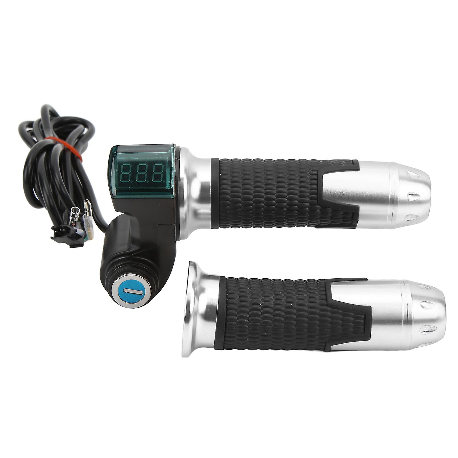 2pcs Electric Bicycle Throttle Handle Speed Control Throttle Grip With Green Digital Display Grain Patternsilver Handle Cover