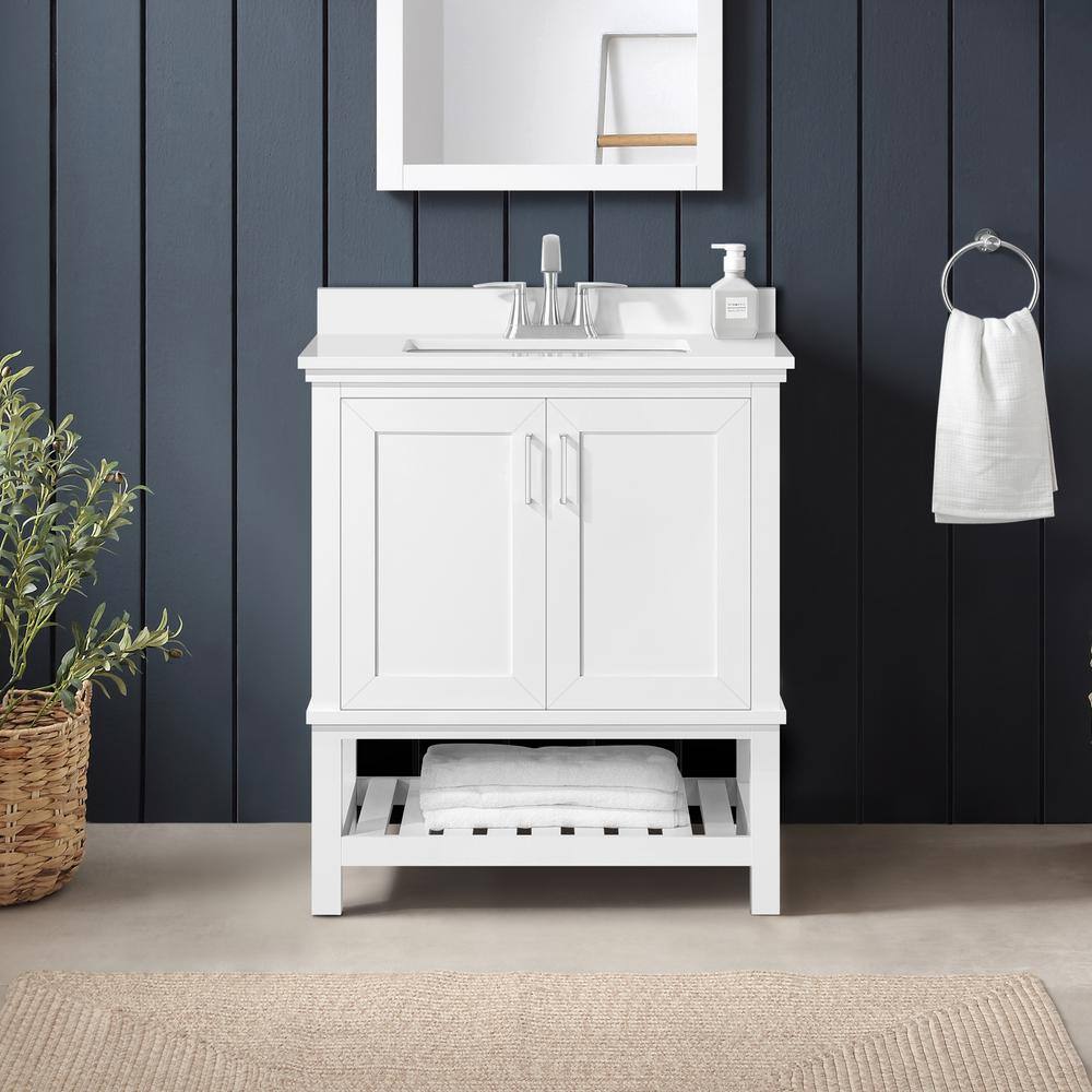 Home Decorators Collection Tupelo 30 in. W x 19 in. D x 34.50 in. H Freestanding Bath Vanity in White with White Engineered Stone Top Tupelo 30W