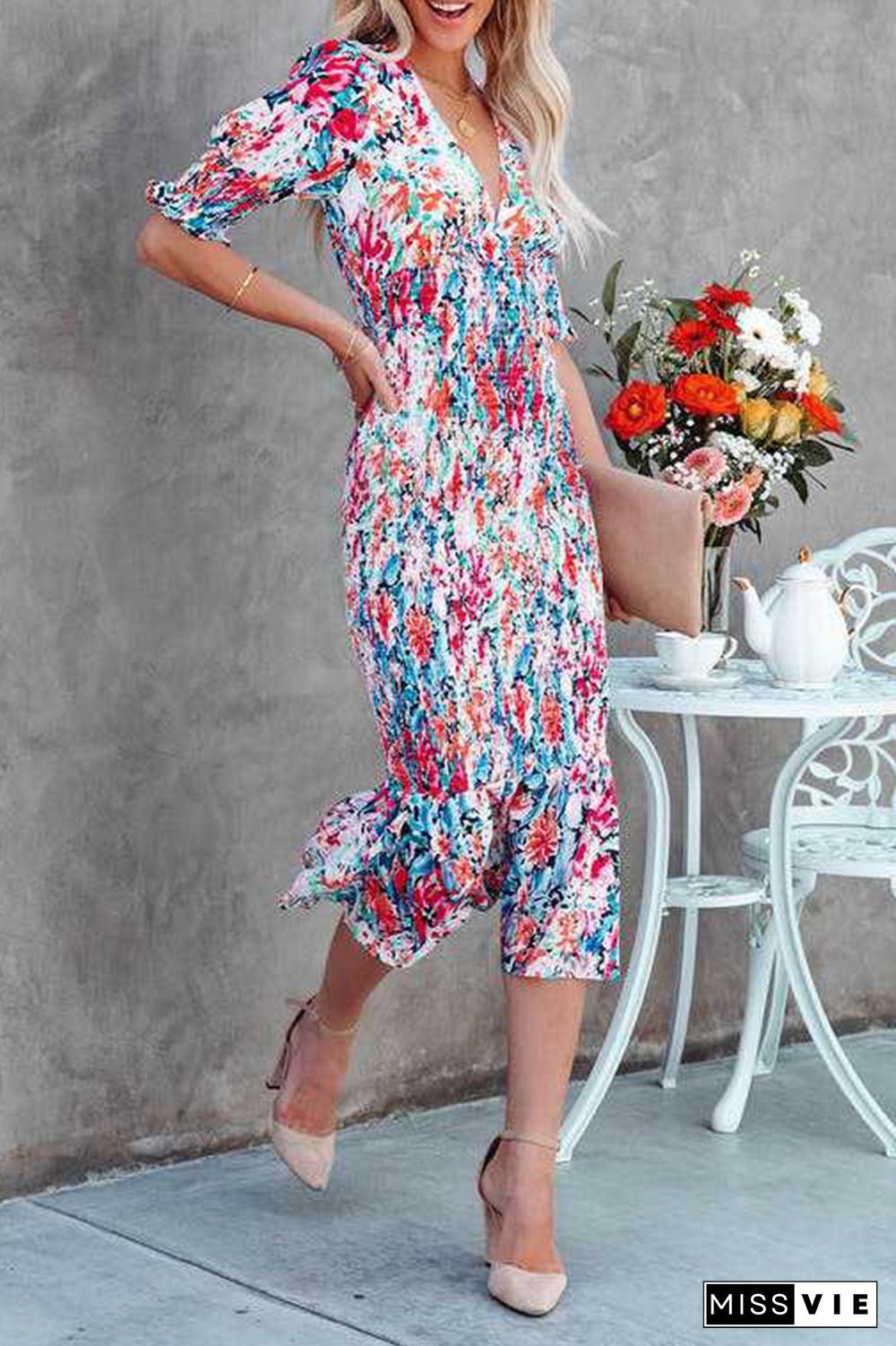 Fashion Print Split Joint V Neck Trumpet Mermaid Dresses