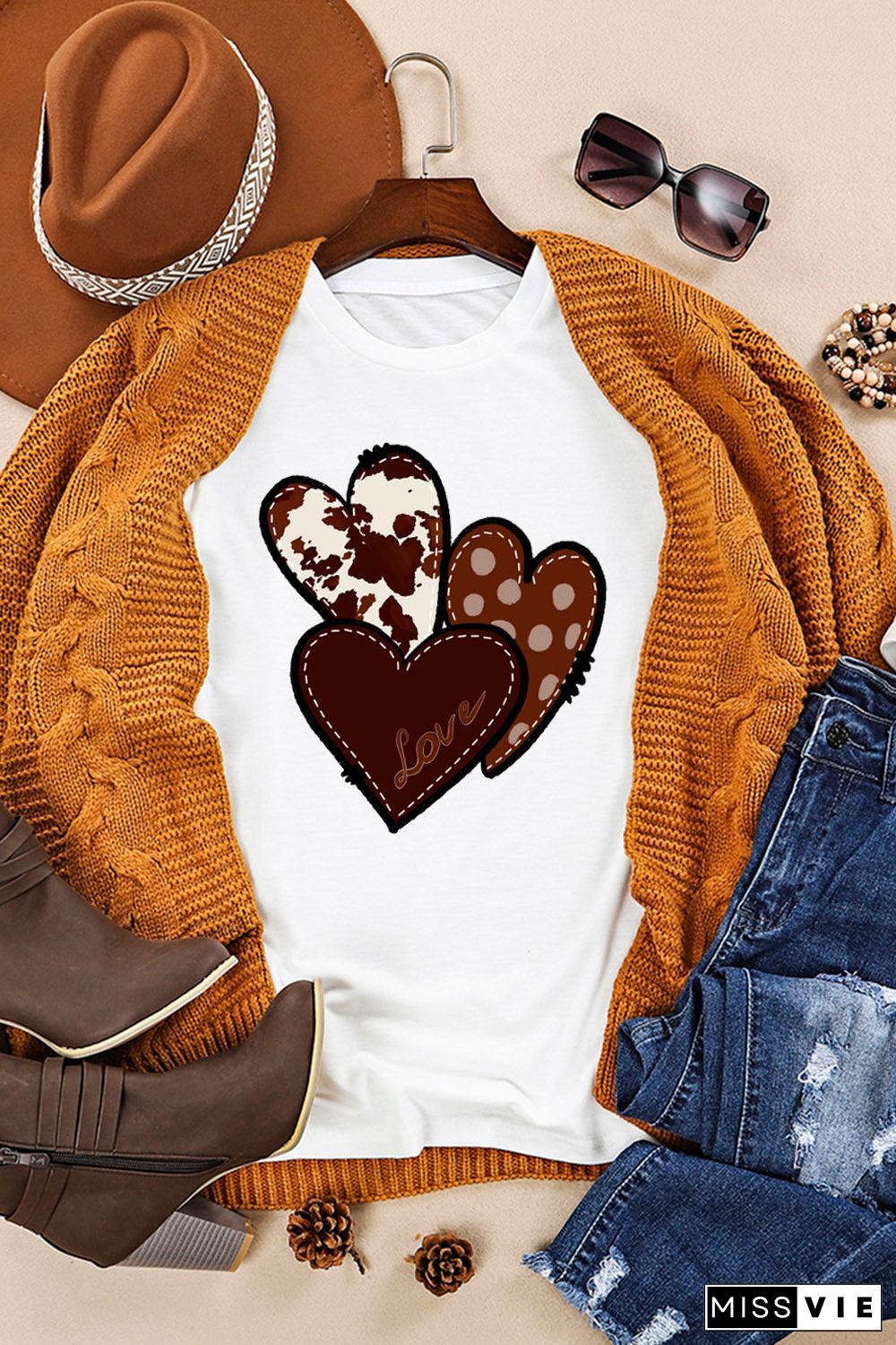 White Valentine'S Western Fashion Day Heart Print T-Shirt