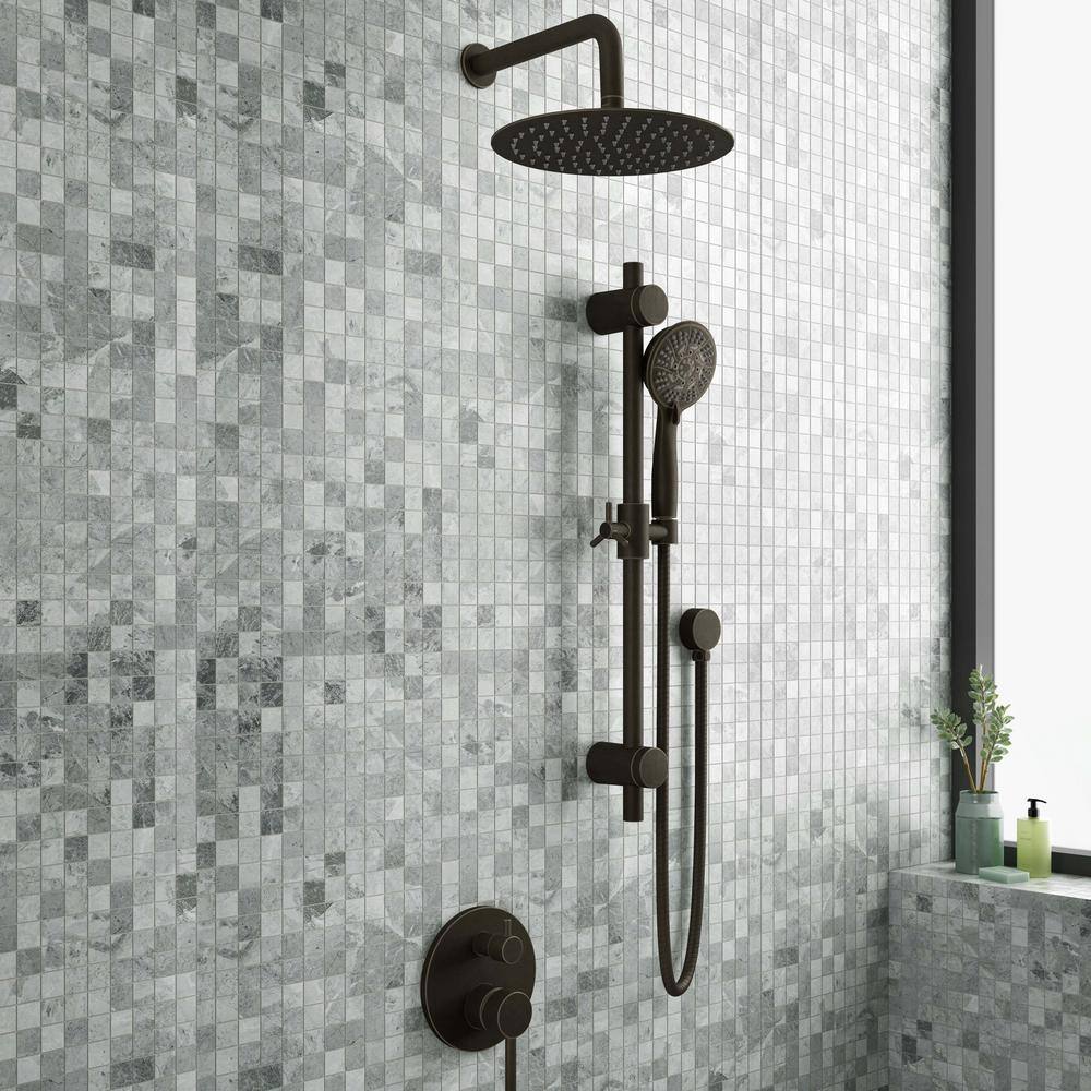 PULSE Showerspas Refuge 6-Spray Patterns with 1.8 GPM 10 in. Wall Mounted Dual Showerheads with Slide Bar and Valve in Oil-Rubbed Bronze 3006-ORB-1.8GPM