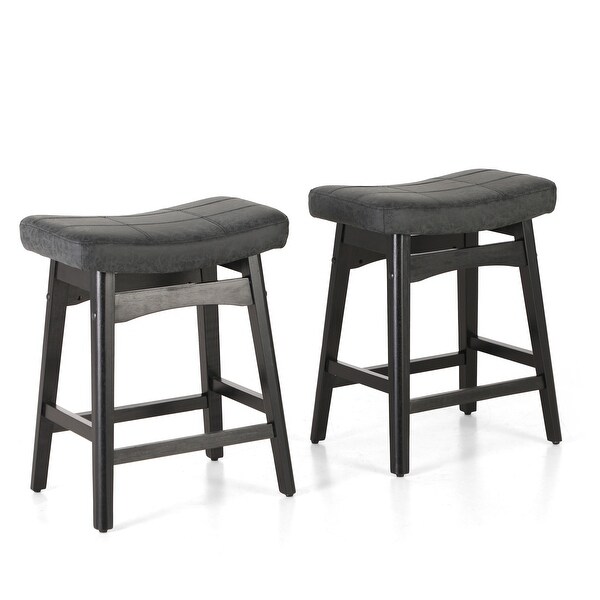 24 Inch Solid Wood Barstools with Linen / PU Leather Fabric Cushion， Set of 2