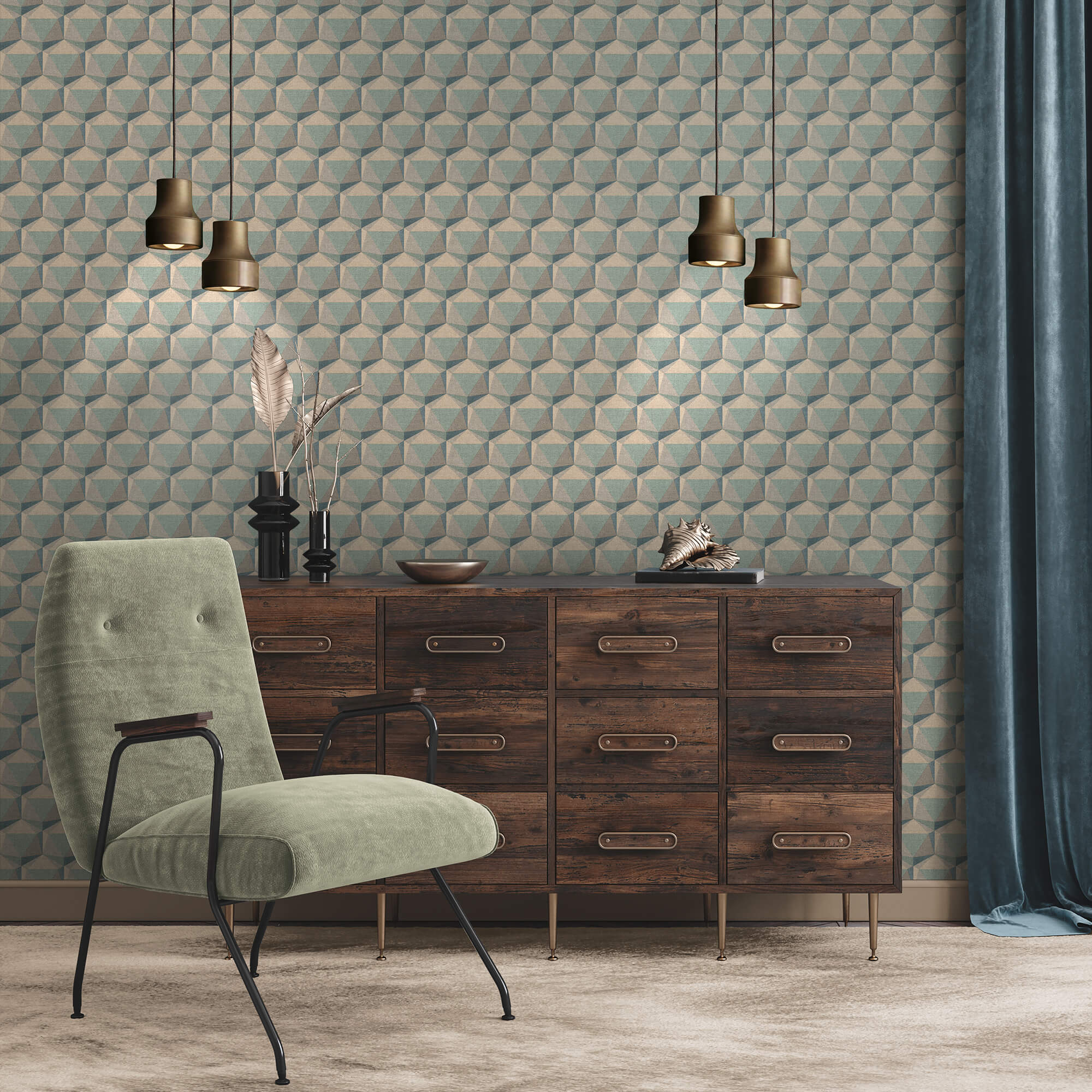 Geometric Motif Wallpaper in Beige/Blue/Green