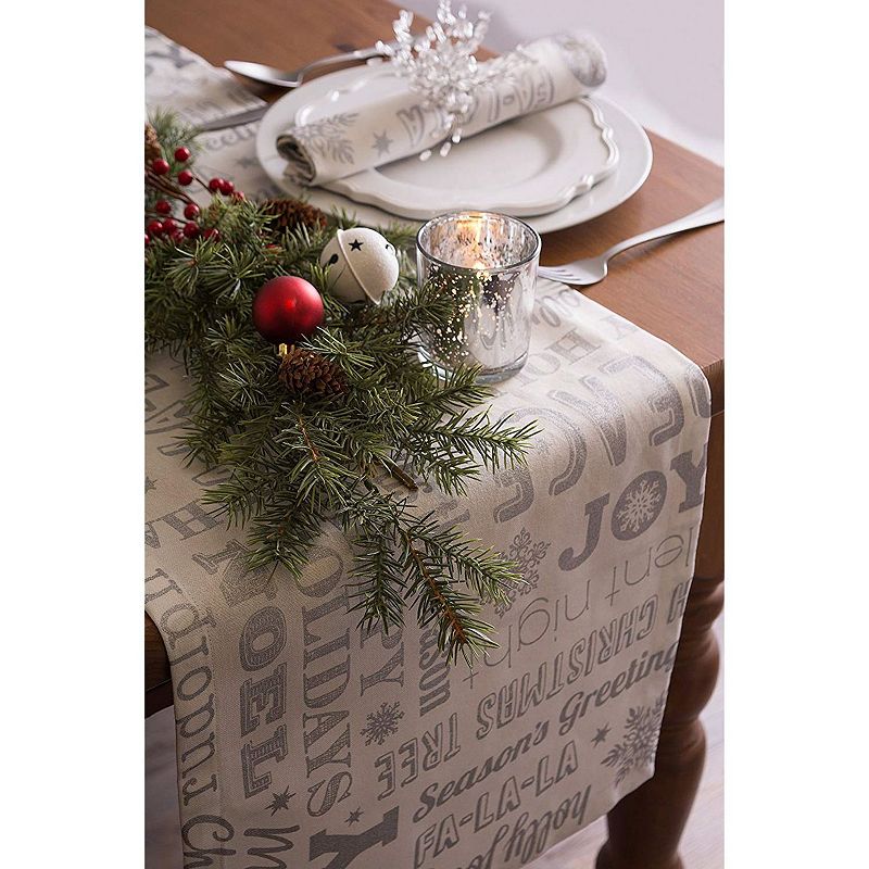 108 Silver Colored and Black Christmas Collage Printed Table Runner