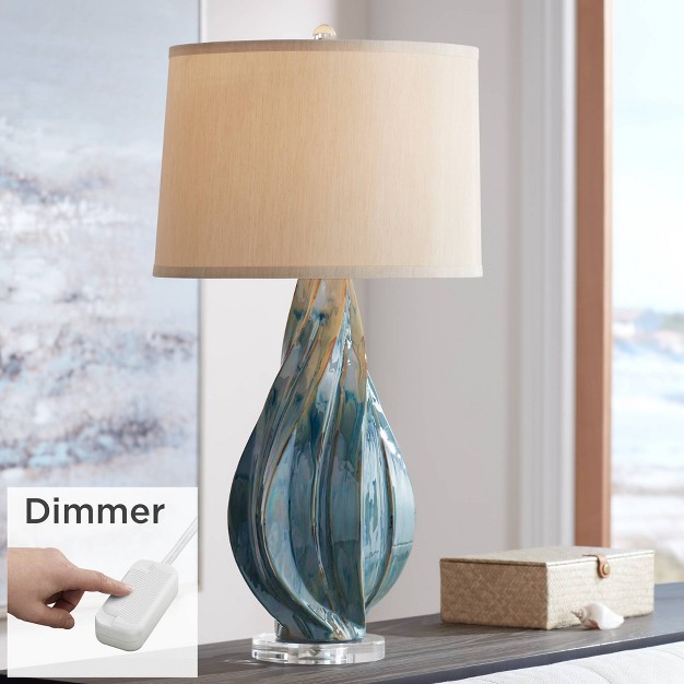 Tall Teal Blue Ceramic With Table Top Dimmer Beige Fabric Drum Shade For Bedroom Living Room Bedside