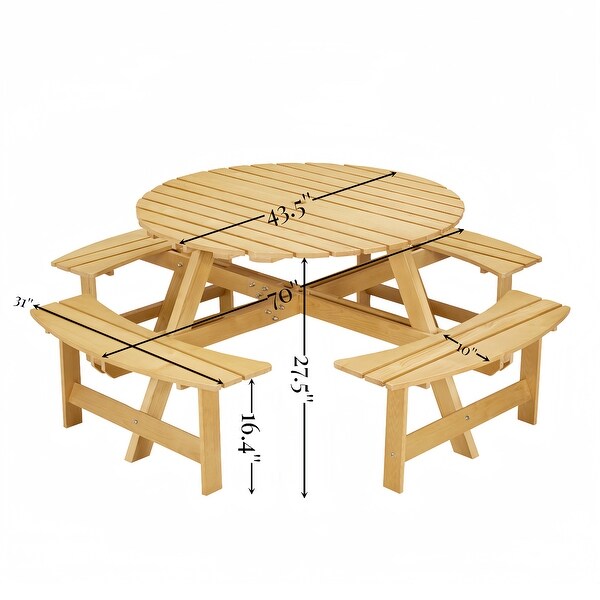 Outdoor Round Picnic Table with 4 Builtin Benches and Umbrella Hole