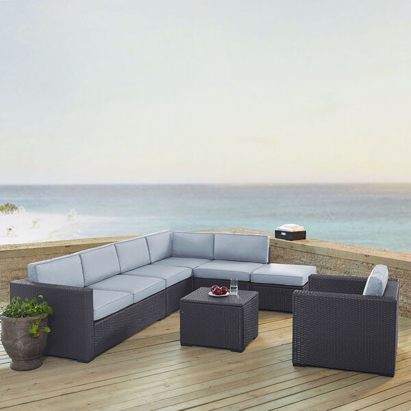 Biscayne 7 Person Outdoor Wicker Seating Set in Mist - Two Loveseats， One Armless Chair， One Arm Chair， Coffee Table， Ottoman