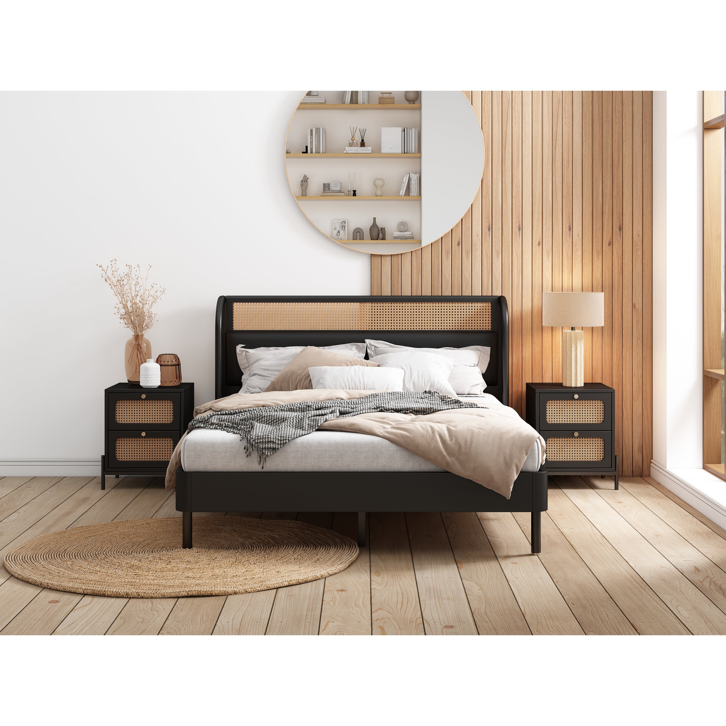 3 Pieces Modern Cannage Rattan Platform Queen Bed + Nightstand*2， Black - - 38050436