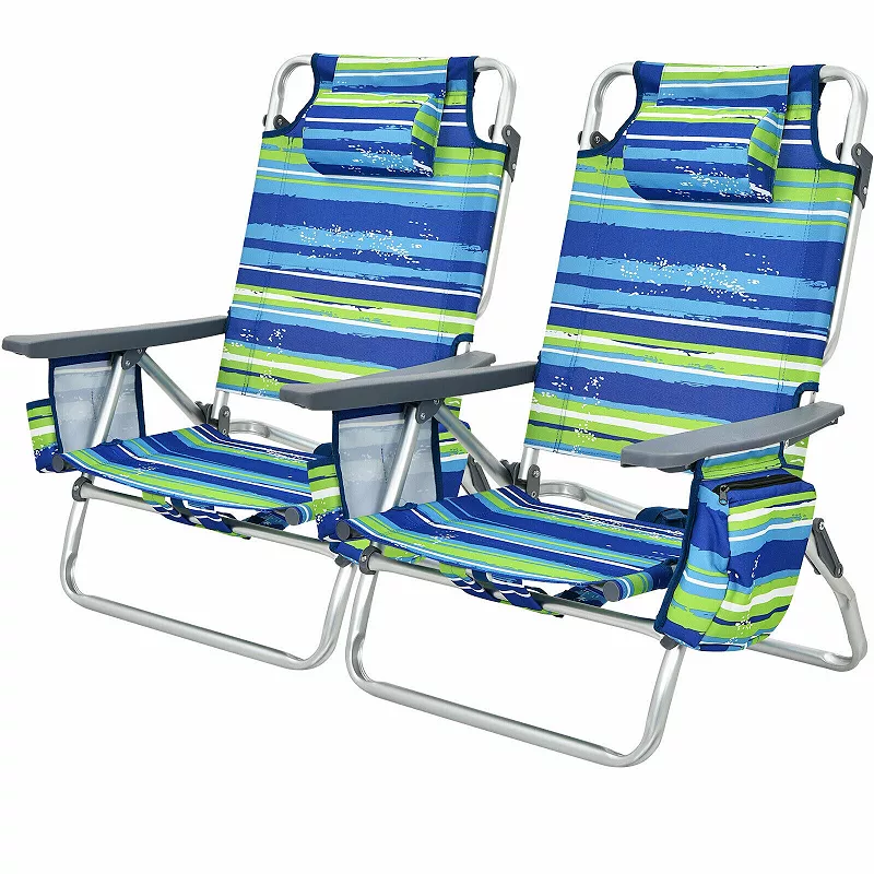 2-Pack Folding Backpack Beach Chair 5-Position Outdoor Reclining Chairs with Pillow