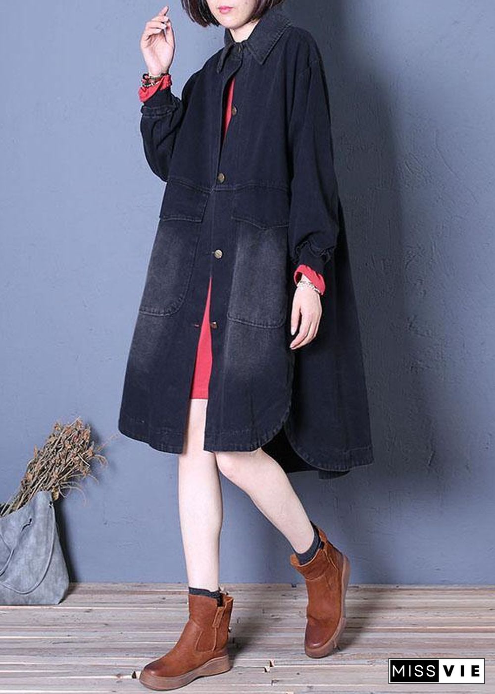 fine fall denim black lapel Large pockets overcoat