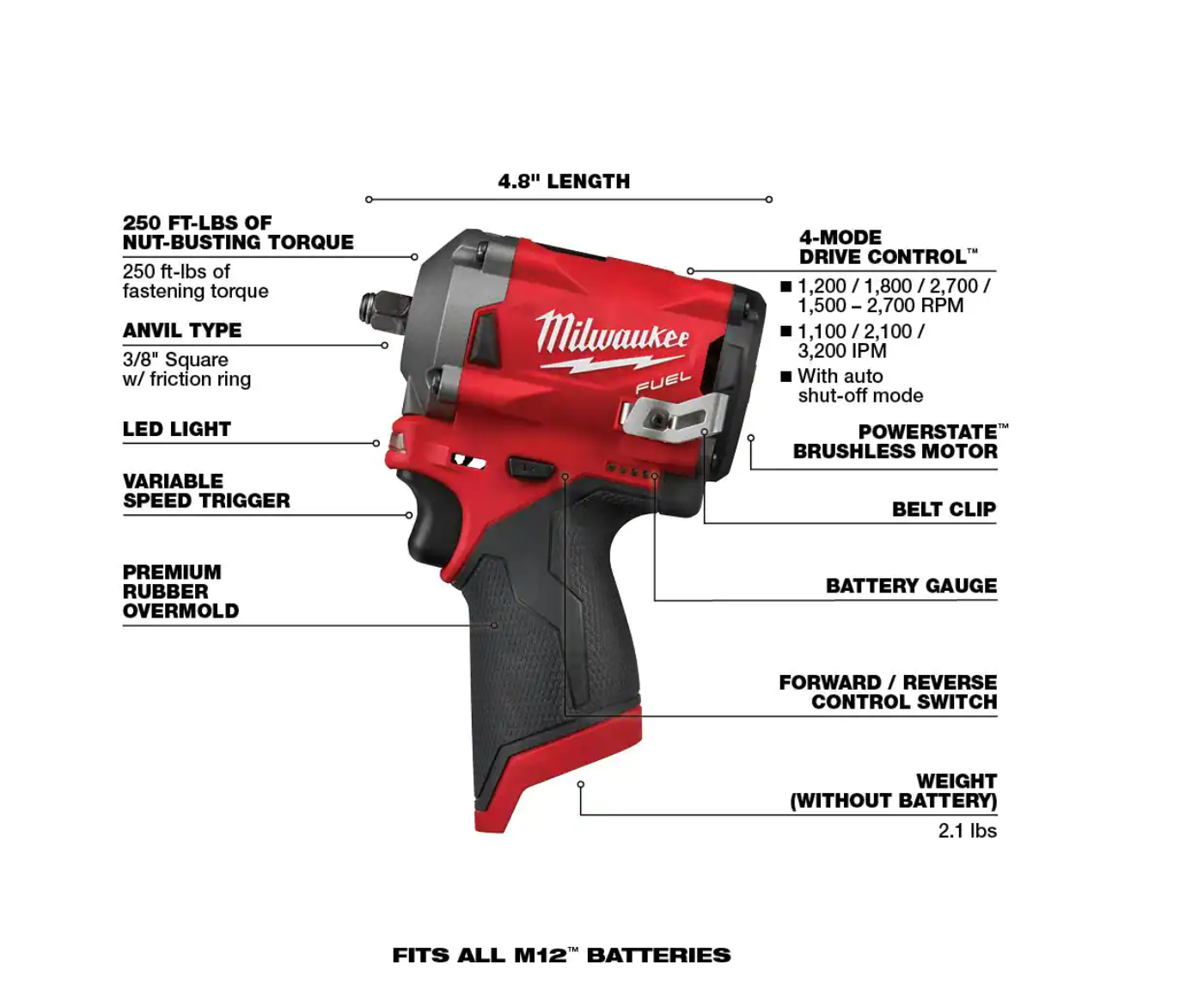 Milwaukee 2554-20-2557-20-48-11-2412 M12 FUEL 12V Lithium-Ion Brushless Cordless Stubby 3/8 in. Impact Wrench and 3/8 in. Ratchet with two 3.0 Ah Batteries