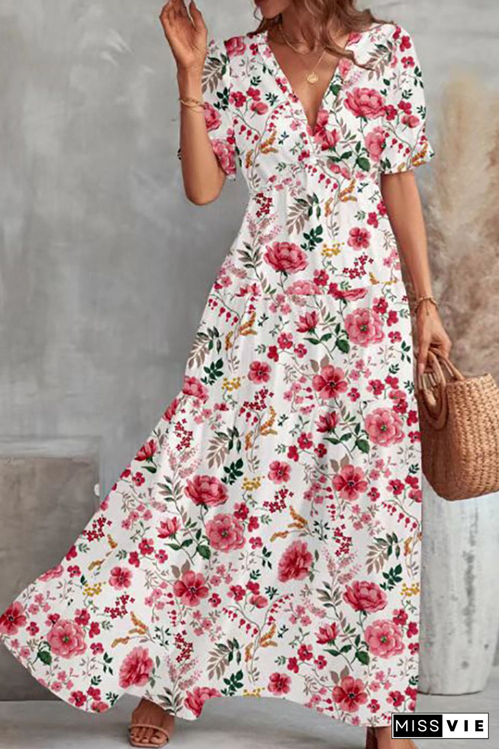 Sweet Elegant Floral Patchwork V Neck Waist Skirt Dresses