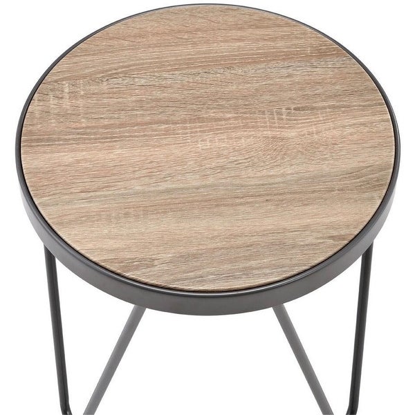 Round Wooden End Table with V-shaped Metal Legs in Gray Oak