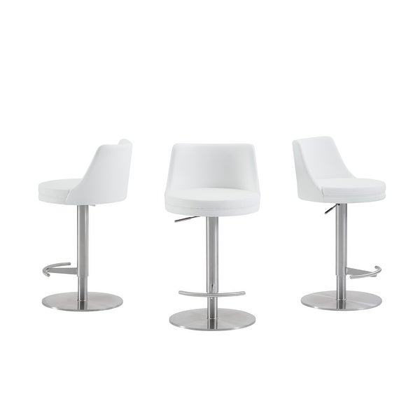 ELEMENT bar stool with brushed stainless steel swivel base.