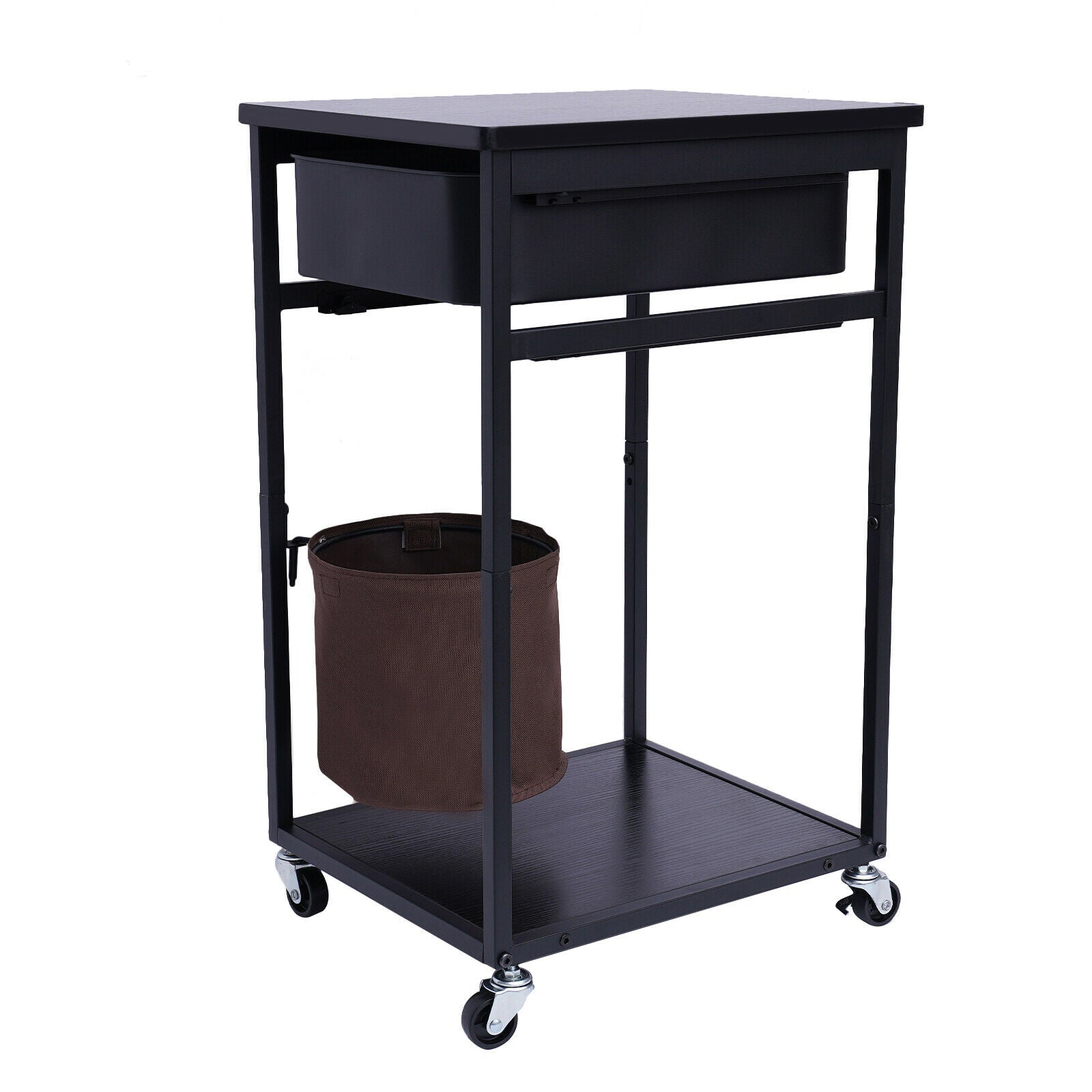 90lbs Black Steel Serving Cart Storage Kitchen Cart 2 Shelf 1Drawer Movable Cart Kitchen Cart Multifunctional Rolling Utility Cart Swivel Wheel Serving Trolley Kitchen Cart on Wheels Rolling Utility