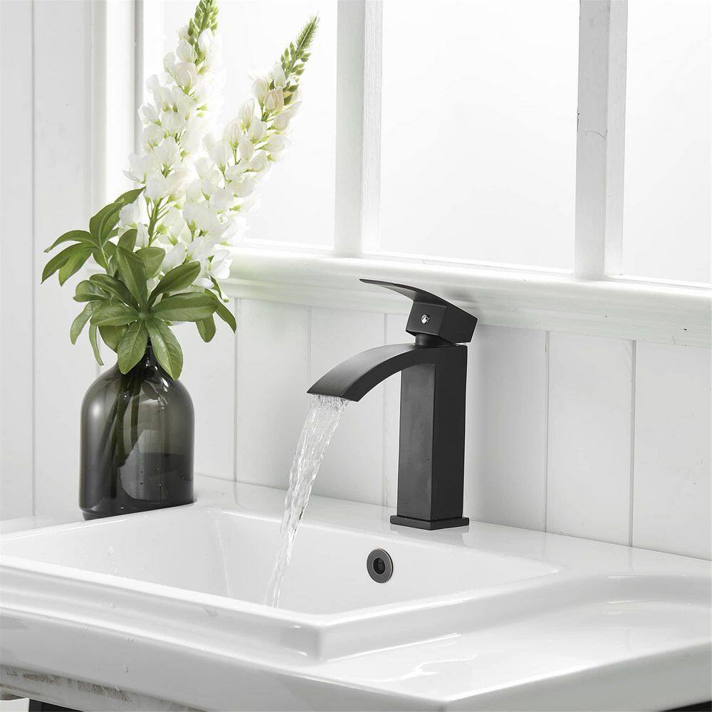 FLG Single-Handle Single-Hole Waterfall Bathroom Faucet Deck Mounted Bathroom Sink Faucet in Matte Black CC-0076-MB