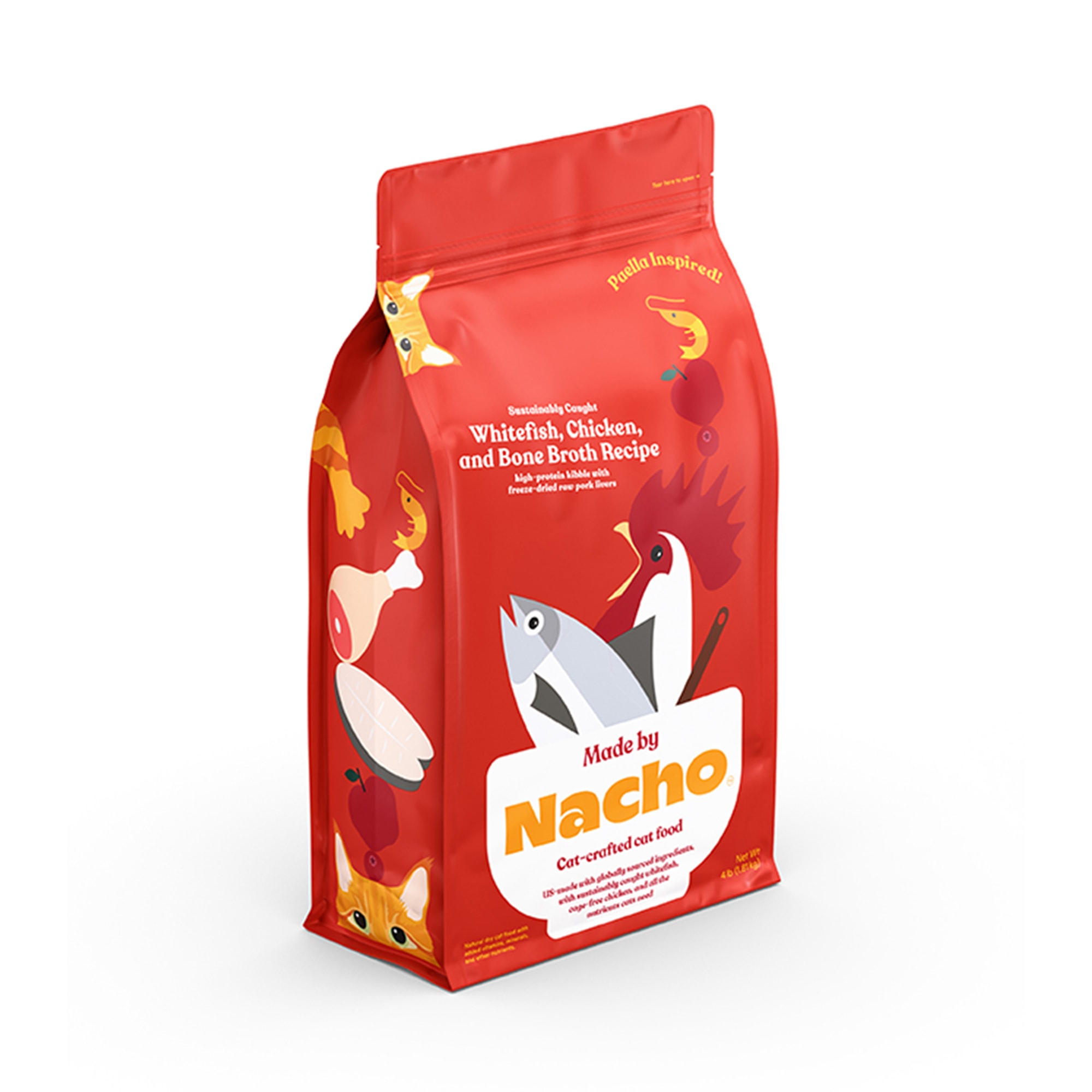 Made by Nacho Sustainably Caught Whitefish， Chicken and Bone Broth Recipe with Freeze-Dried Pork Livers Dry Cat Food， 10 lbs.