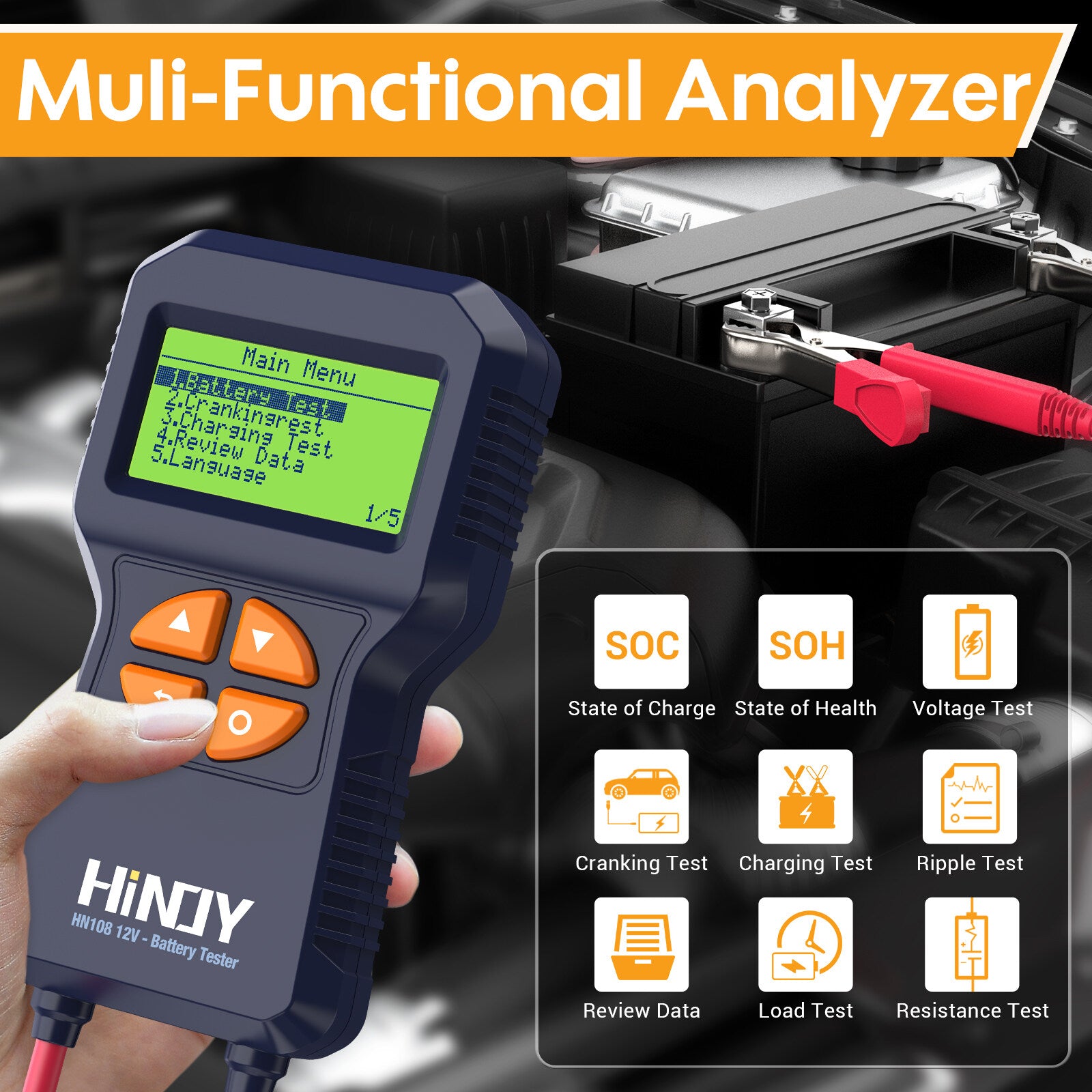 HINOY HN108 Car Battery Tester 12V Load Tester 100-2000 CCA Automotive Alternator Tester Battery Analyzer for Car Truck Marine Motorcycle SUV Boat Plug and Play