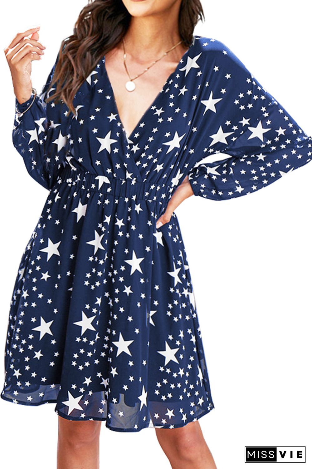 Star Print V Neck Baggy Long Sleeves Mini Dress