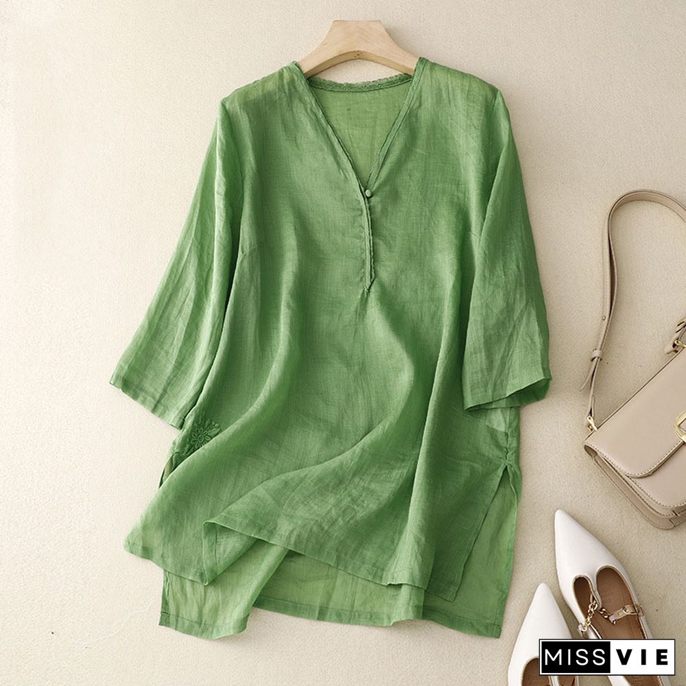 Retro Simple Solid Color V -neck Shirt