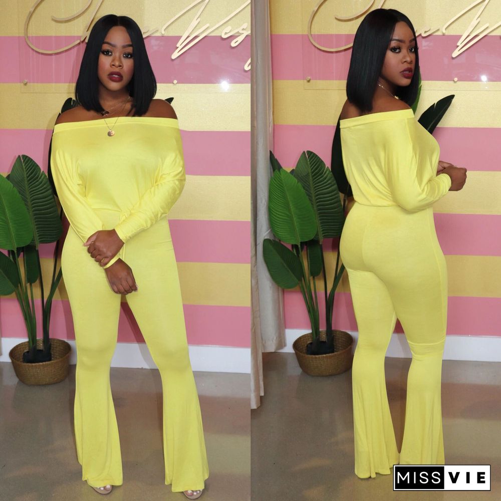 Sexy Off Shoulder Solid Color Long Flared Jumpsuit