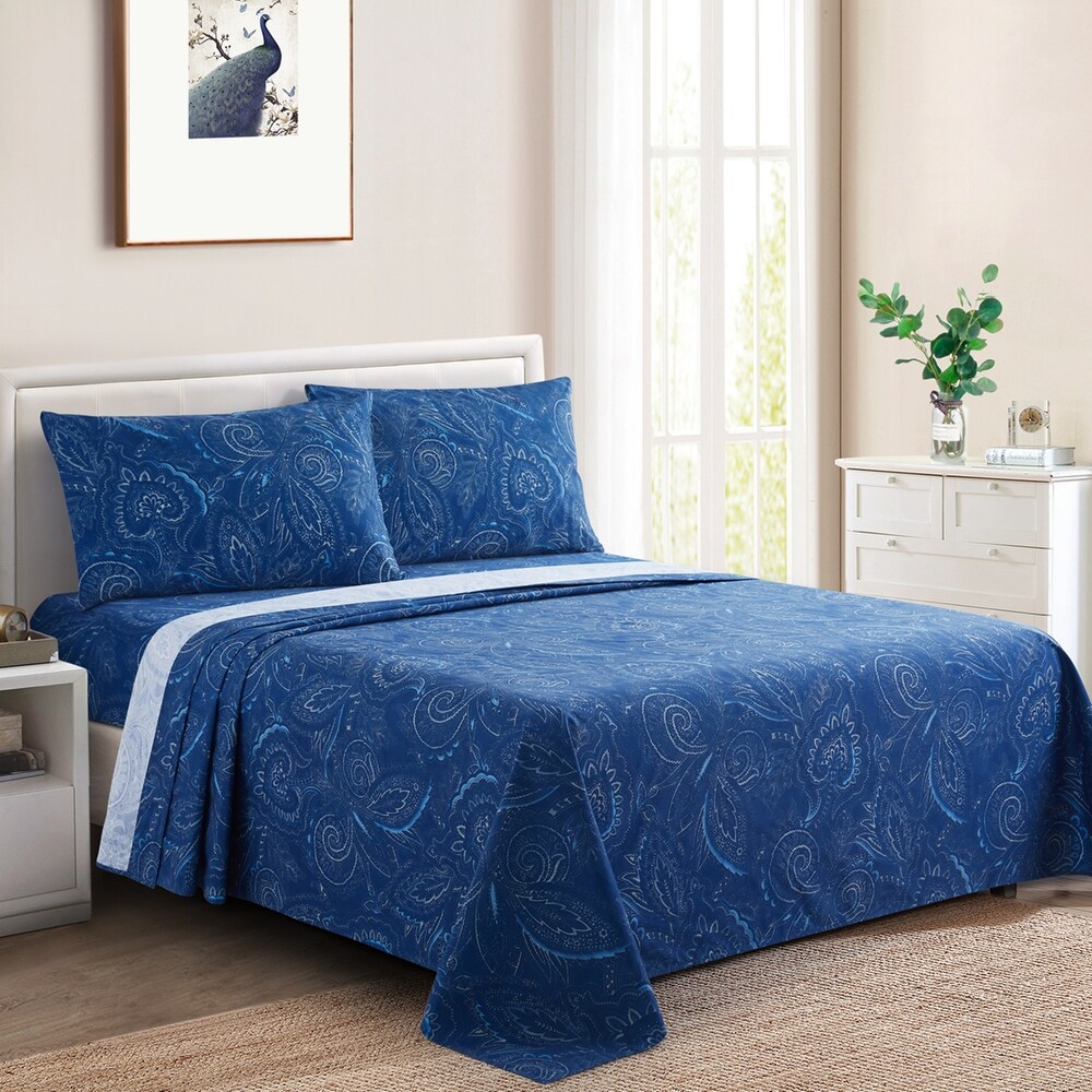 Marina Decoration Printed 600 Thread Count Soft Deep Pocket Cotton Blend Percale Bedding Sheet Set  Navy Blue Paisley