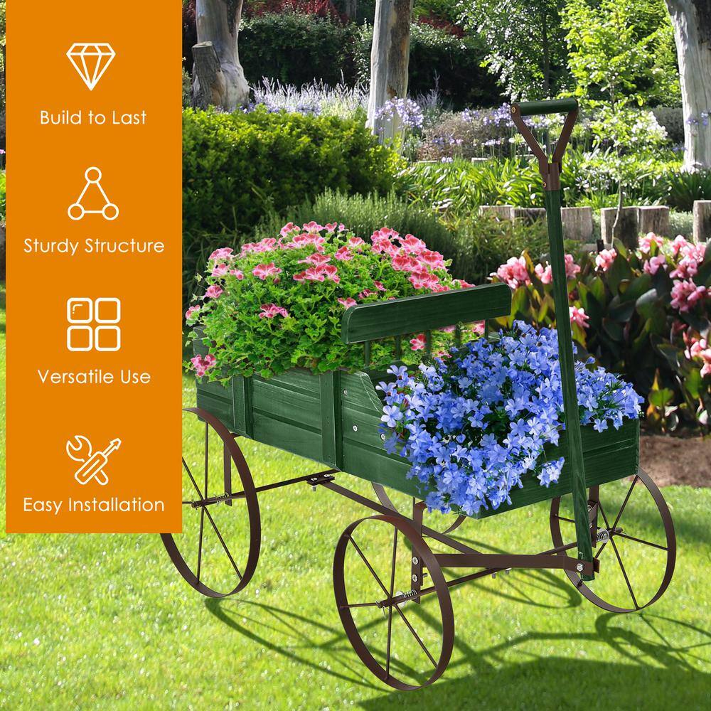 HONEY JOY Wooden Garden Flower Planter Wagon Wheel Plant Bed Decorative Garden Planter for Backyard Garden Green TOPB004890