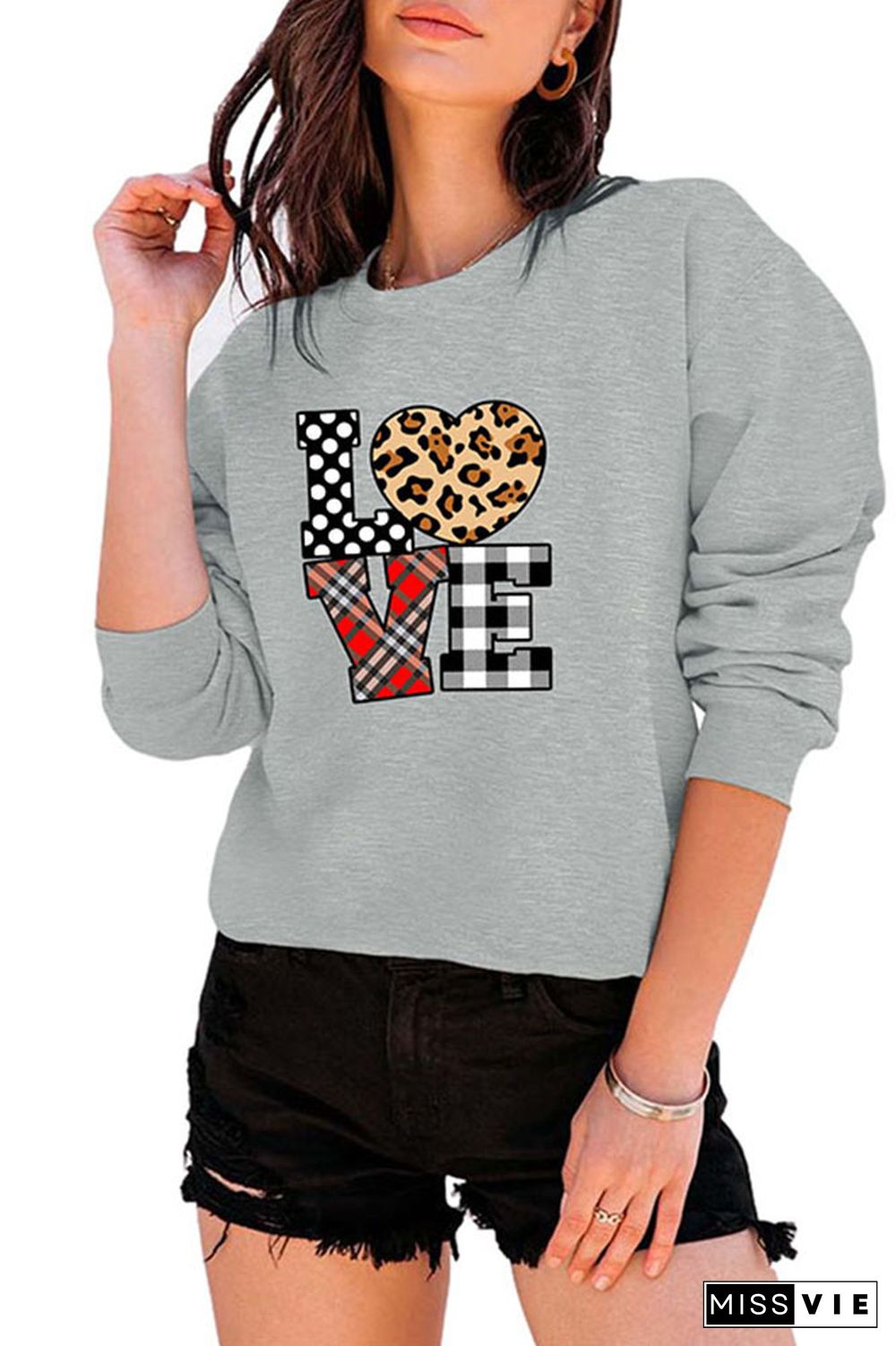 Leopard Plaid Love Heart,Valentine's Day Classic Crew Sweatshirt Wholesale