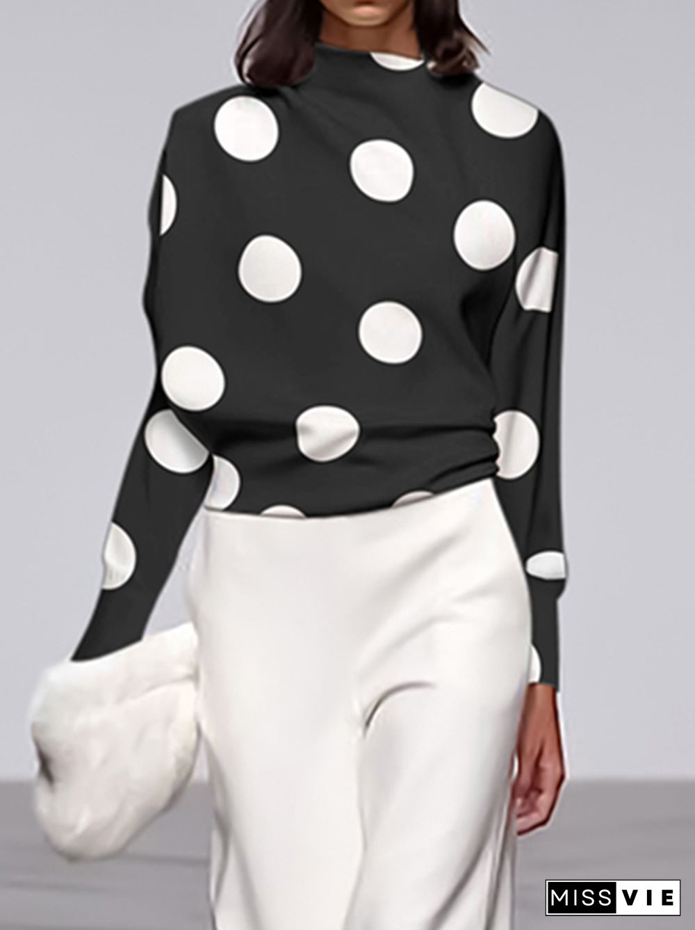 Long Sleeves Loose Polka Dot Stand Collar T-Shirts