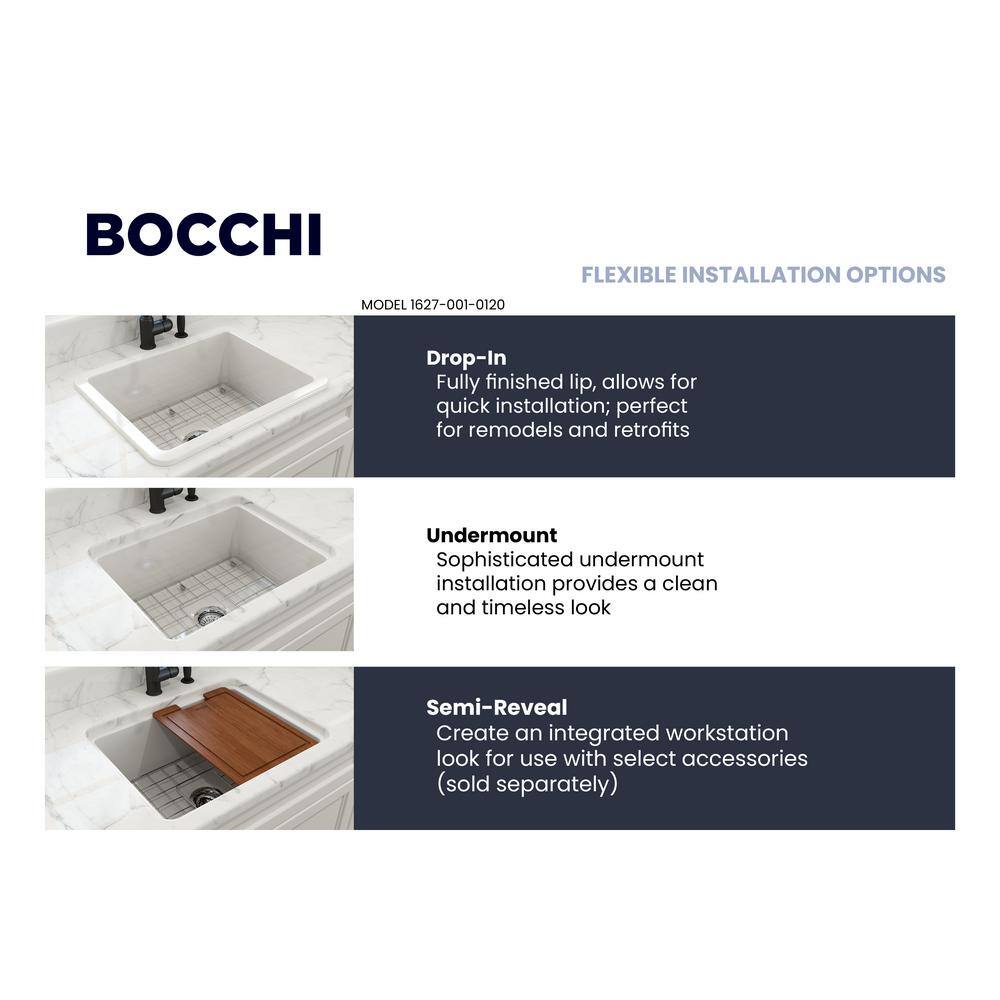 BOCCHI Sotto White Fireclay 24 in. Single Bowl UndermountDrop-In Kitchen Sink wProtective Bottom Grid and Strainer 1627-001-0120