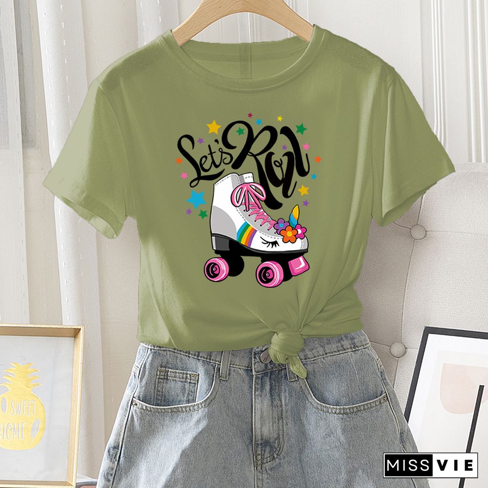 Summer Casual Women T-shirt Graphic Fashion Vintage Short Sleeve Letter Star Skate Print Ladies Regular T Shirt O-Neck Tees Tops