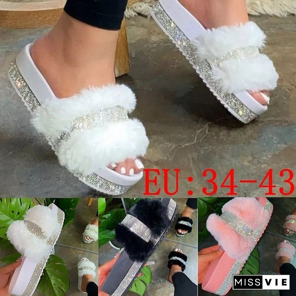 Women's Fashion Furry Slippers Platform Rhinestone Slippers