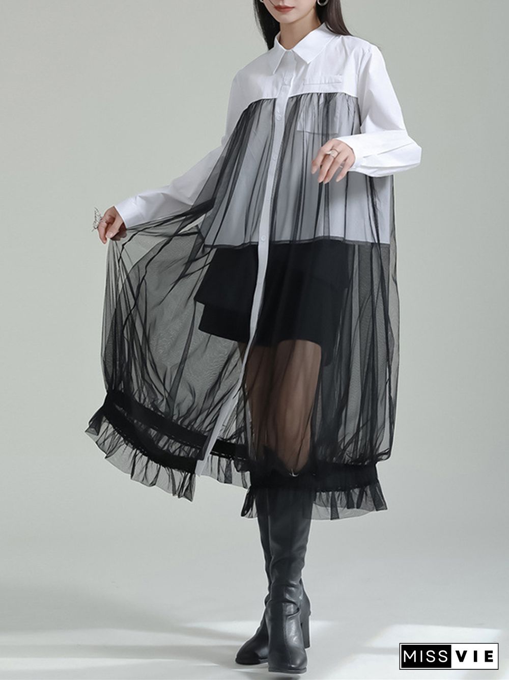 Long Sleeves Gauze See-Through Split-Joint Lapel Midi Dresses Shirt Dress