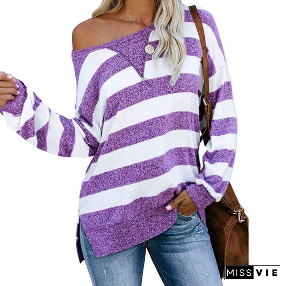 New Women Fashion Long Sleeve O Neck Striped Loose Plus Size Spring Pullover T-shirt Blouse