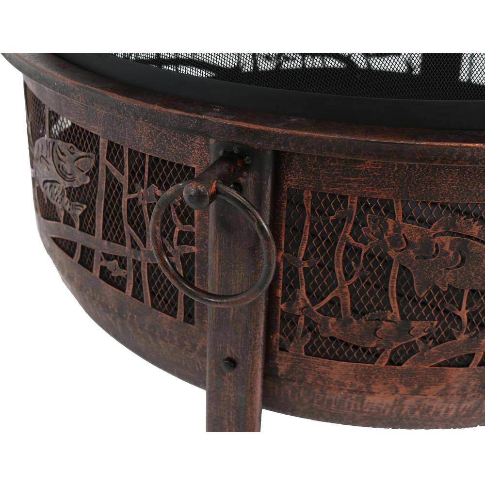 Sunnydaze Decor 30 in. x 25 in. Steel Northwoods Fishing Wood Burning Fire Pit with Spark Screen KF-NFFP31