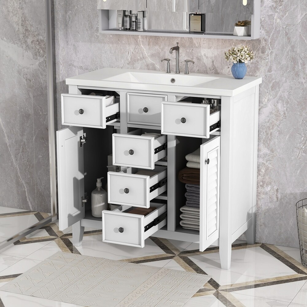 Modern Bathroom Vanity with Ceramic Basin  Five Drawers