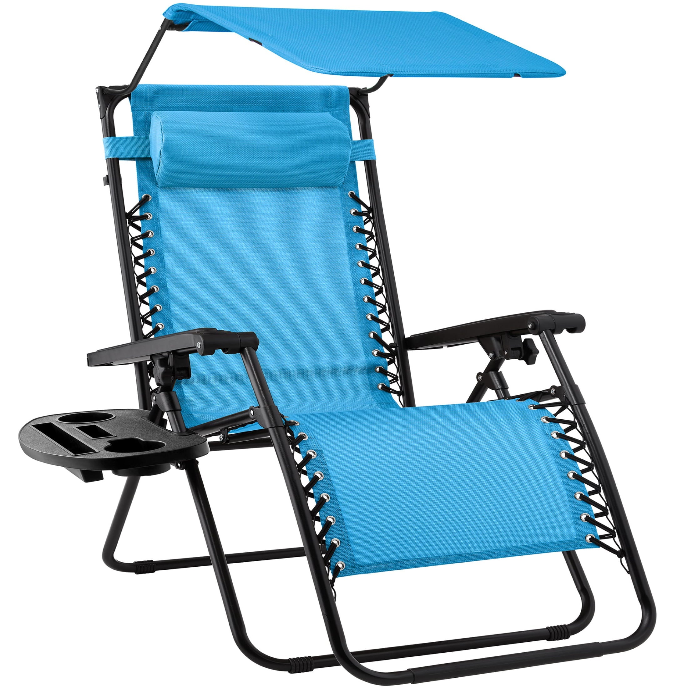 Best Choice Products Folding Zero Gravity Recliner Patio Lounge Chair w/ Canopy Shade, Headrest, Side Tray - Light Blue