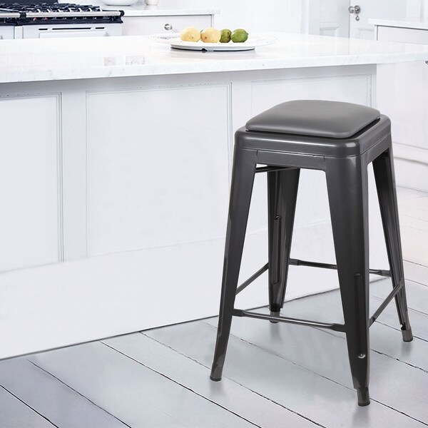 24 inch backless Metal Stool with Leather Cushion seat-Set of 2