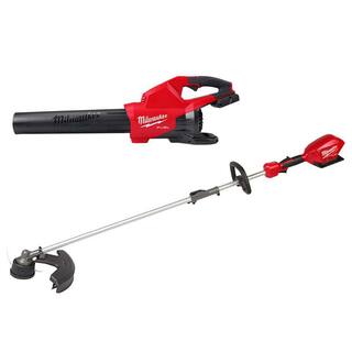 MW M18 FUEL Dual Battery 145 MPH 600 CFM 18V Lithium-Ion Brushless Cordless Handheld Blower with M18 FUEL String Trimmer 2824-20-2825-20ST