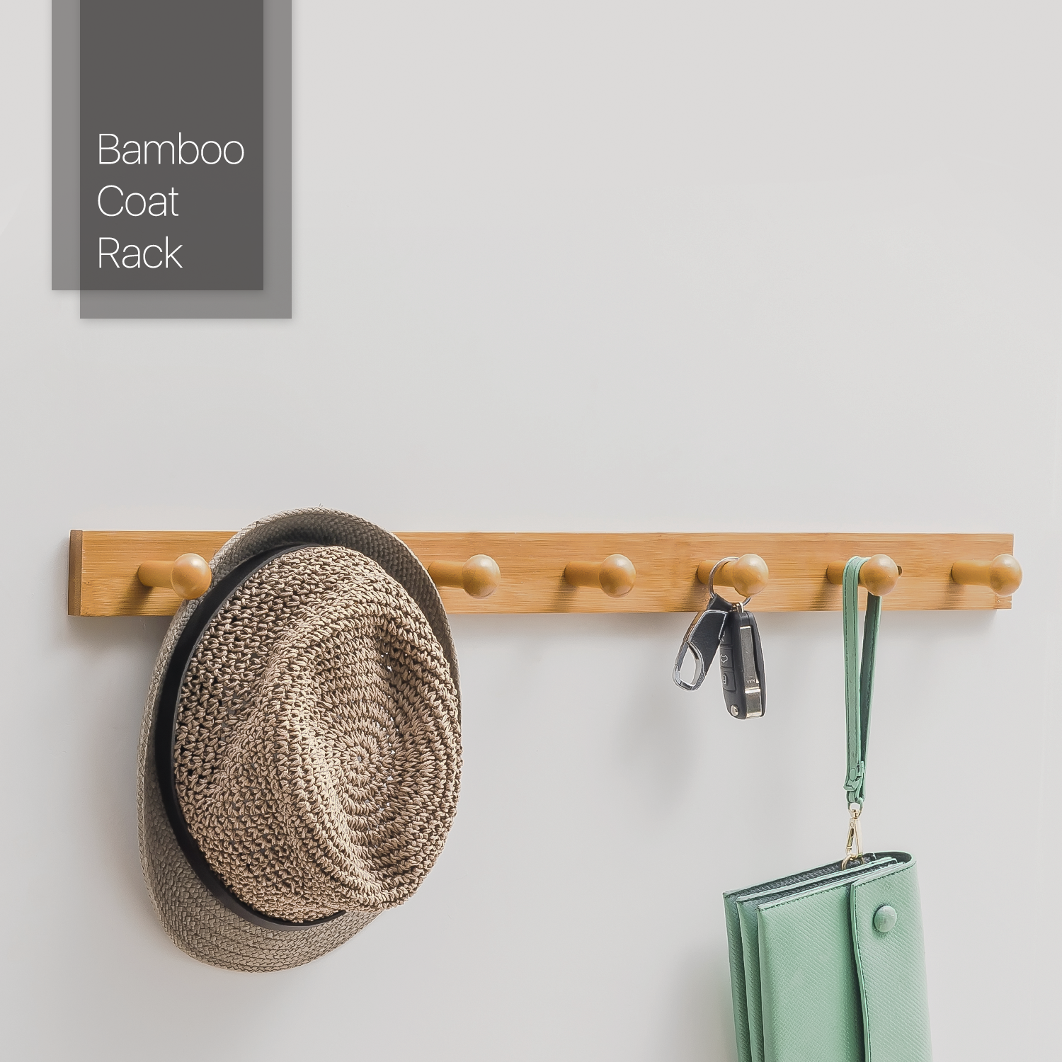 MoNiBloom Bamboo 7 Hooks Wall Mounted， Hat Scarf Organizer Modern Coat Rack， Natural， for Entryway