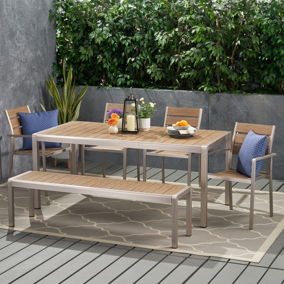 Grace Coral Outdoor 6 Seater Dining Set With Dining Bench   Contemporary   Outdoor Dining Sets   by GDFStudio  Houzz