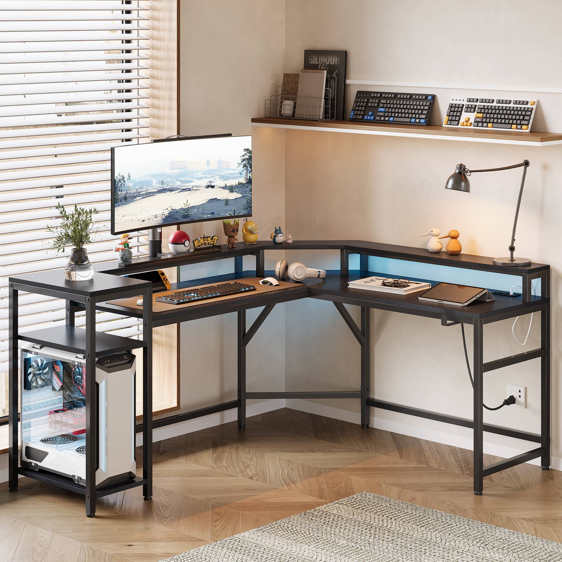 L-Shaped Gaming Desk Computer Desk with Power Outlets & LED Strips