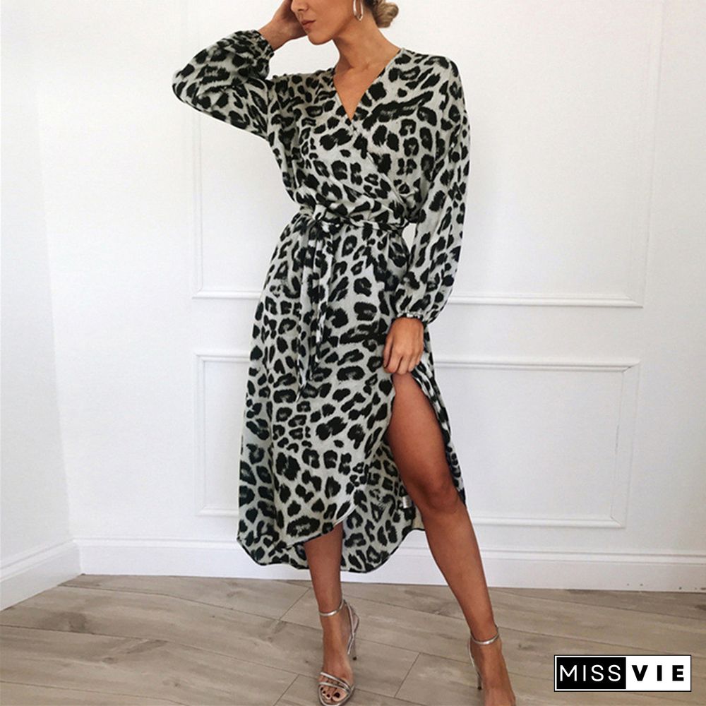 Leopard Dress Women Chiffon Long Beach Dress Loose Long Sleeve Deep V-neck A-line Sexy Party Dress Vestidos De Fiesta