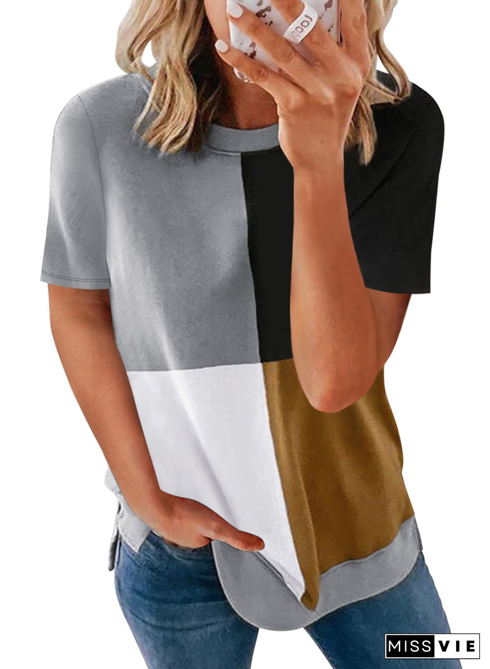 Brown Colorblock T-shirt with Slits