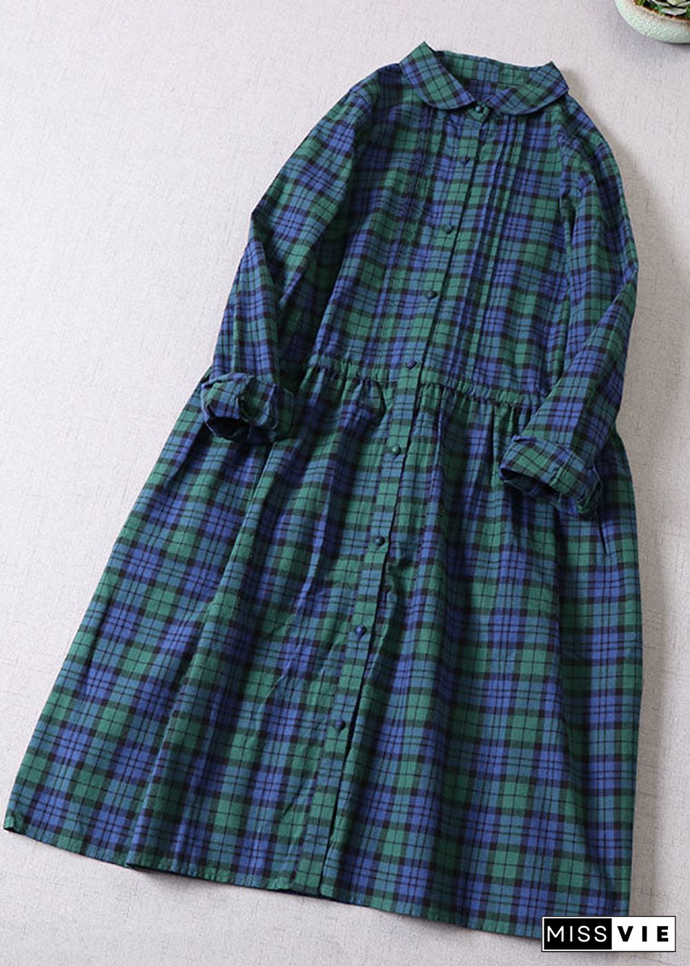 French Green Cinched Plaid Cotton Maxi Dresses Spring