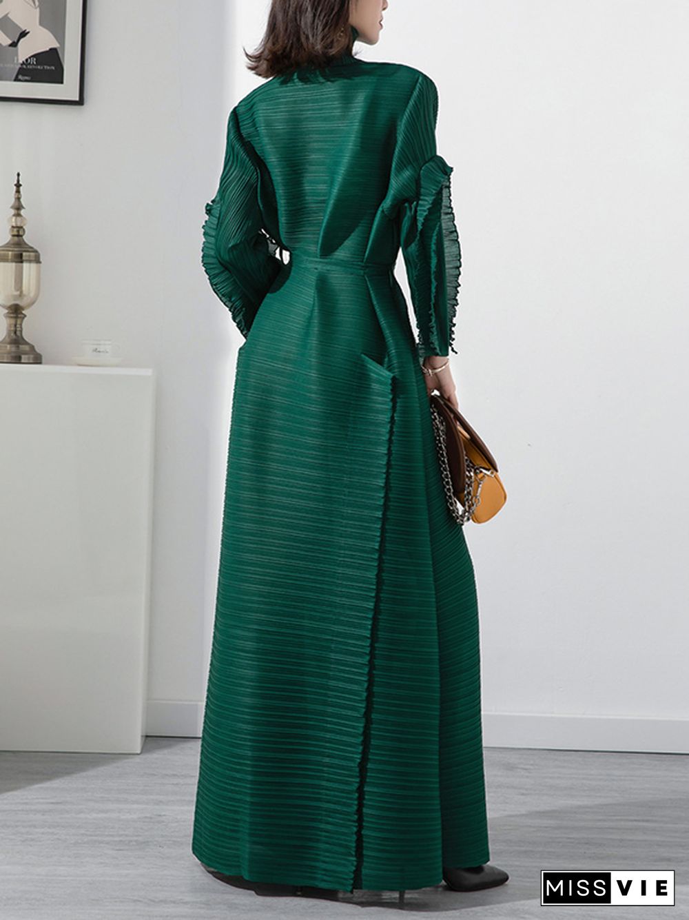 Casual Long Sleeves Loose Tied Pleated Stand Collar Midi Dresses