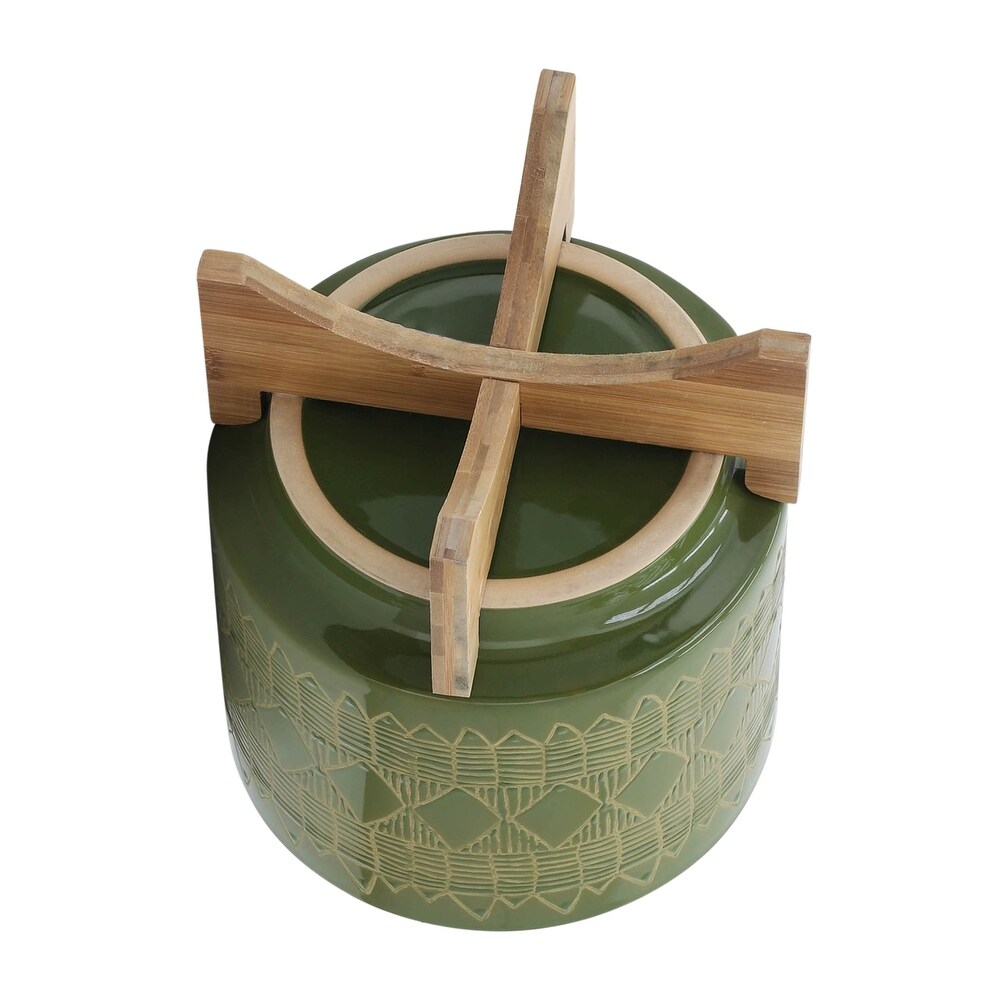 Handmade Olive Green Ceramic Planter on Natural Wood Stand