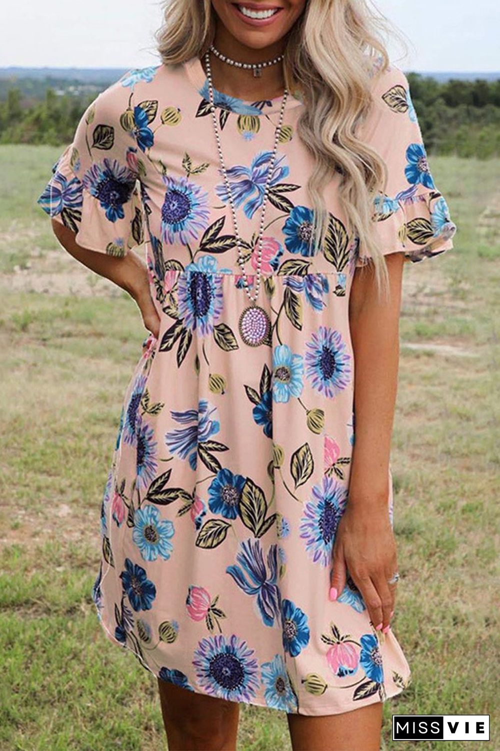 Floral Print Short Sleeve Midi Dress