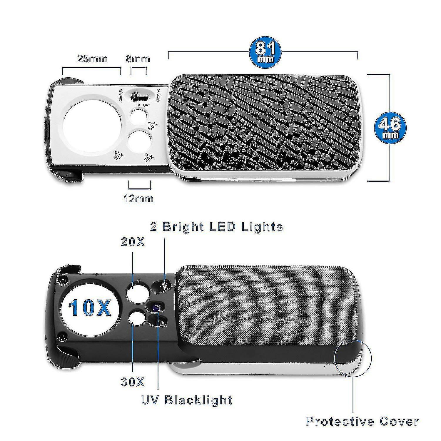 Jewelry Loupe Magnifier With Uv Led Light， 10x 20x And 30x Magnification